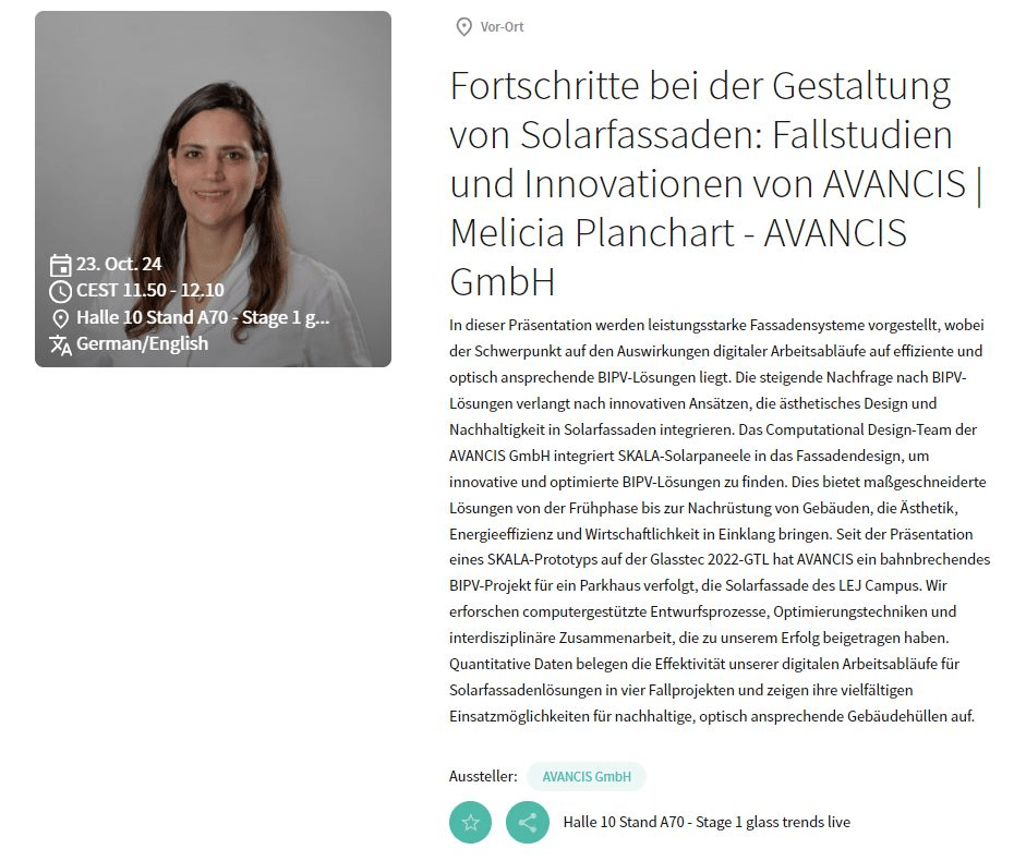 Glasstec 2024 glass trends live: Conference Talk Advancement in Solar facade Design . Melicia Planchart